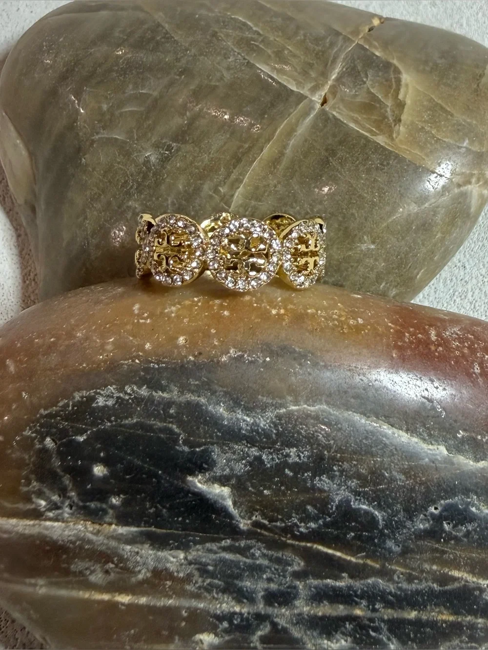 Tory Burch Gold-Tone Crystal Logo Ring Size 7.5